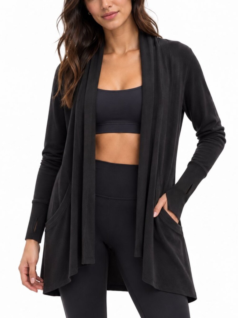 Athleta Women's Black Open Front Cardigan Sweater Ribbed Workout Outfit Size XS